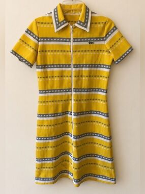 Vintage David Crystal for Lacoste Yellow and Gray Striped Zip-Front Midi Dress